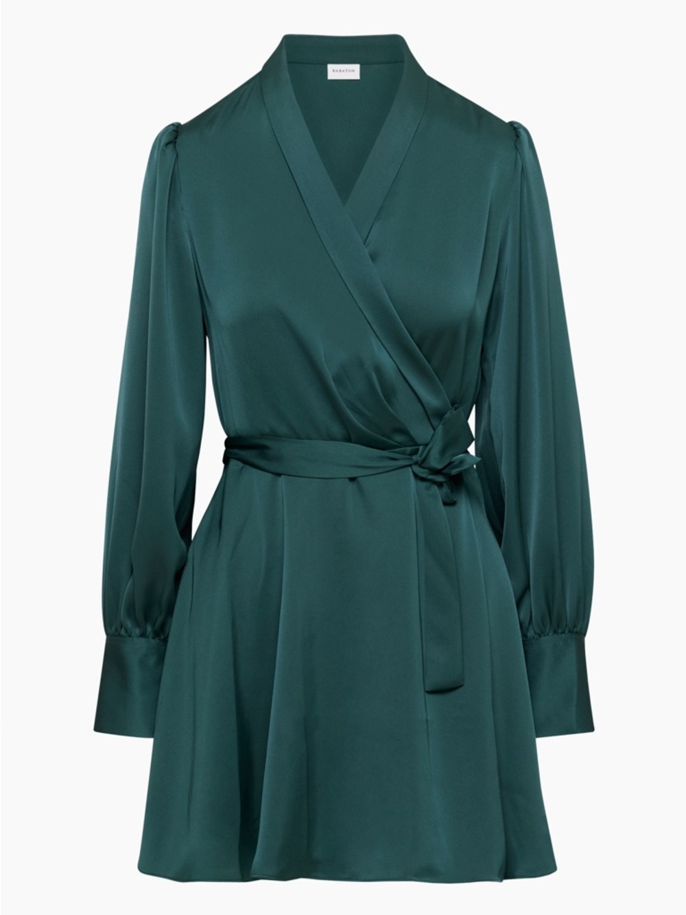 Babaton Emerald Green Satin Wrap Long-Sleeve Mini Dress